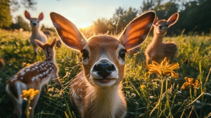 Fototapeta premium Friendly animal selfie scene in a meadow, with soft lighting, warm colors, and happy expressions, suitable for a heartwarming stock image