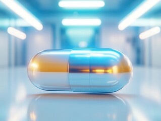 a 3d rendering of a medical capsule, showcasing its glossy surface and intricate details, symbolizing health care and innovation, set against a clean, clinical background