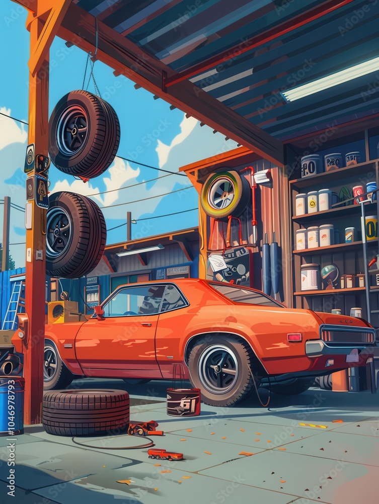 Poster A mechanic is changing tires on a classic orange car within a bustling workshop filled with tools and supplies. Generative AI