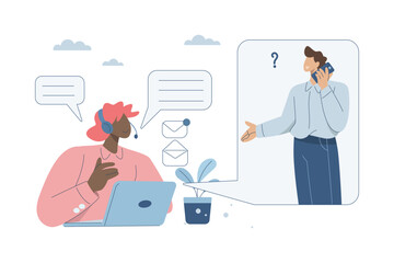 Customer Support and Services, Consultant or suggestions, Hotline, Customers ask for advice, Female staff using headphones to answer phone calls and provide online customer consultation via laptop.