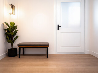 Modern entryway with bench and potted plant, featuring soft natural light and minimal decor