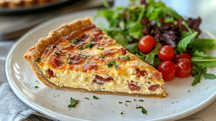 A Savory Quiche. A slice of quiche Lorraine, filled with eggs, cream, bacon, and cheese