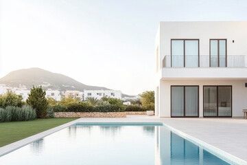 Fototapeta premium Modern villa with pool and mountain view in a serene Mediterranean setting during daylight