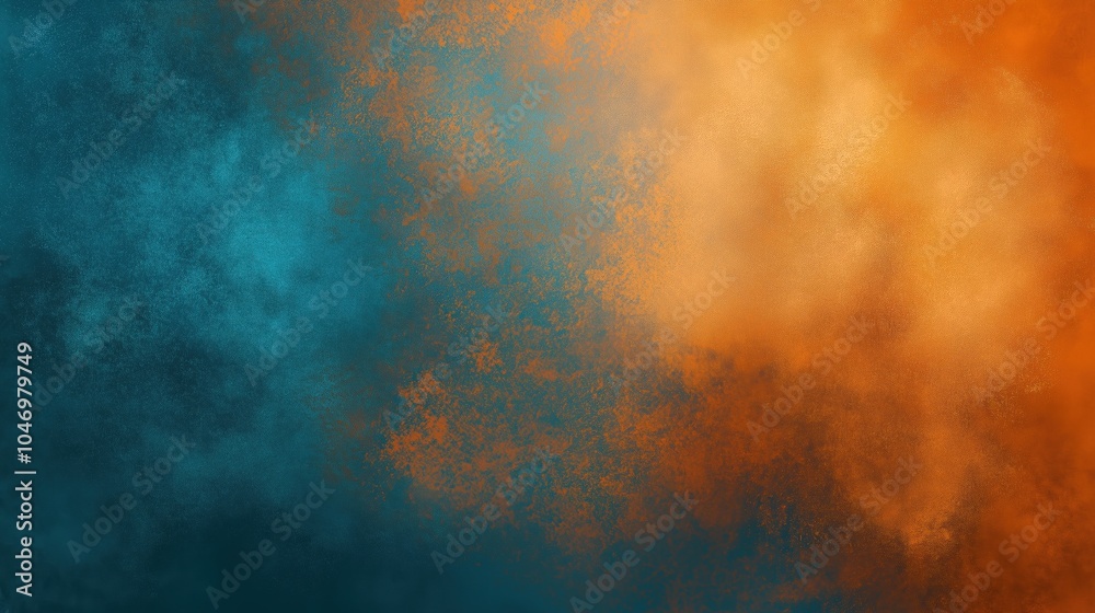 Leinwandbilder Abstract background with contrasting orange and teal hues blended seamlessly, featuring a subtle dust texture overlay. The design includes soft gradations and textured layers, creating depth and warmt