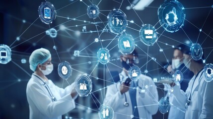 Global medical communication visual with doctors connected by digital icons, symbolizing worldwide healthcare efforts, suitable for a tech-oriented stock photo