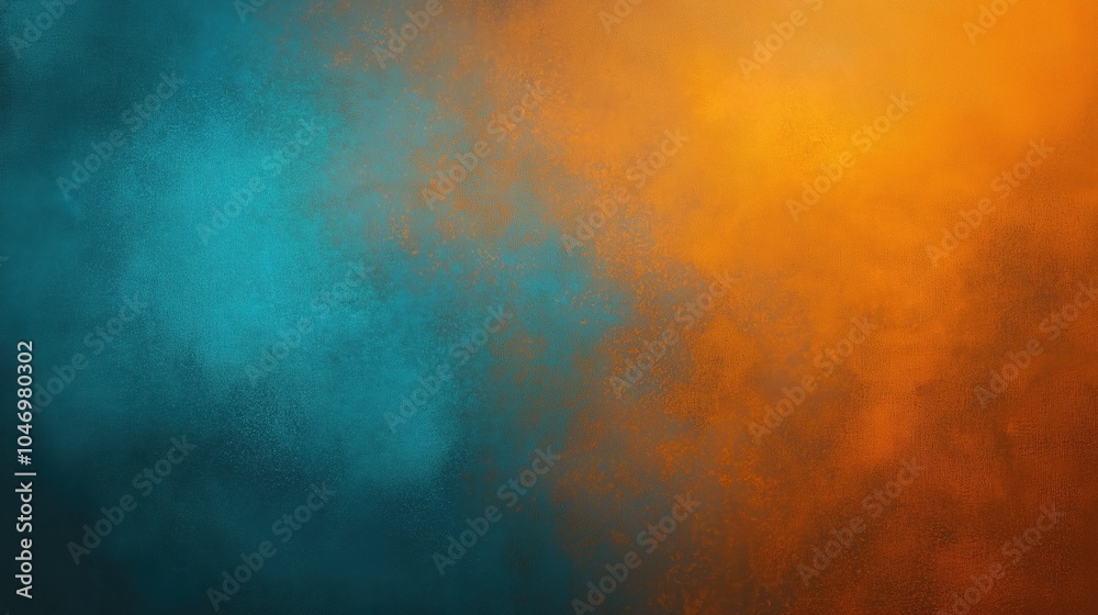 Poster Abstract background with contrasting orange and teal hues blended seamlessly, featuring a subtle dust texture overlay. The design includes soft gradations and textured layers, creating depth and warmt