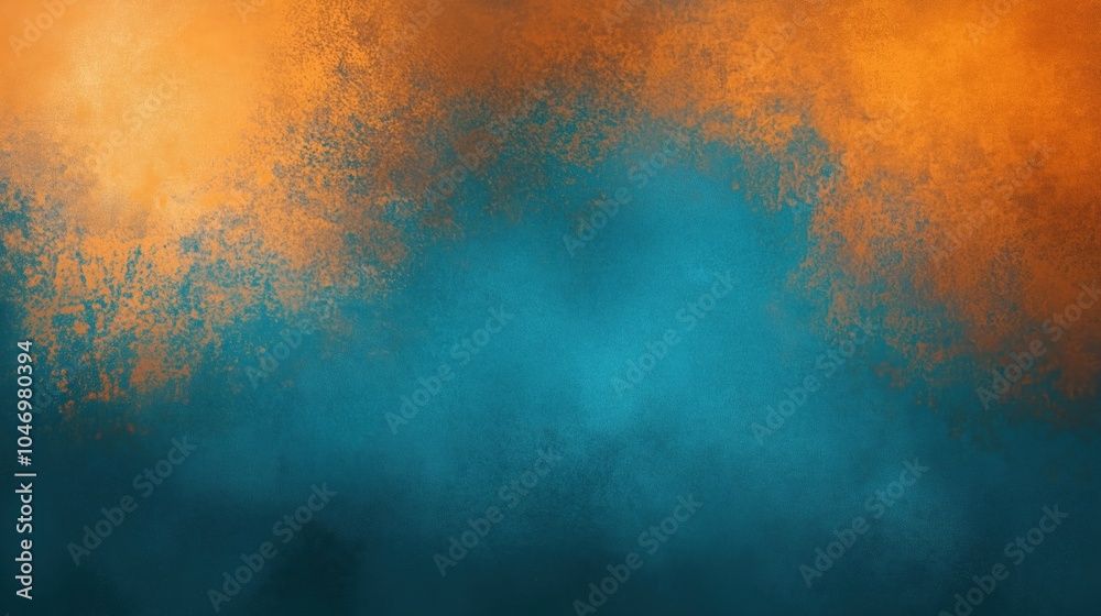 Poster Abstract background with contrasting orange and teal hues blended seamlessly, featuring a subtle dust texture overlay. The design includes soft gradations and textured layers, creating depth and warmt