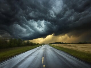 Naklejka premium A lone road stretches towards the horizon, flanked by fields of green grass and a thick, black dark line of storm clouds 