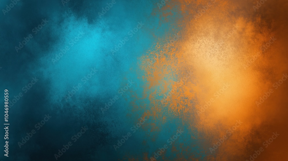 Poster Abstract background with contrasting orange and teal hues blended seamlessly, featuring a subtle dust texture overlay. The design includes soft gradations and textured layers, creating depth and warmt