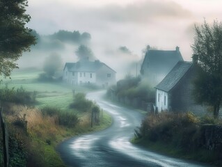 a misty morning envelops a picturesque village, with soft light filtering through the fog. the tranquil scene captures the serene beauty of nature and the charm of rural life