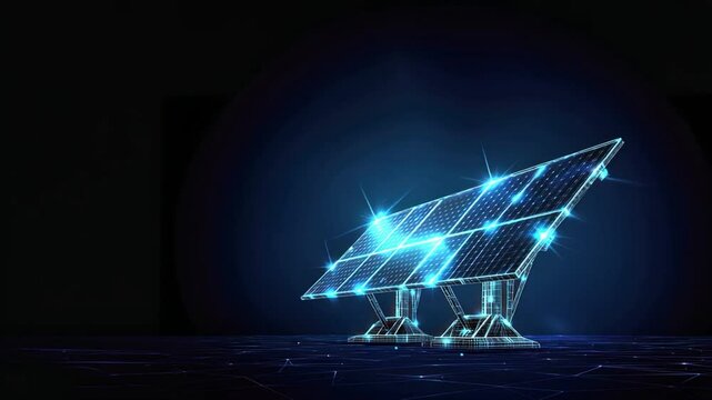 A glowing low poly solar panel represents renewable energy on a dark blue background, alternative energy technology, green energy, solar rooftop