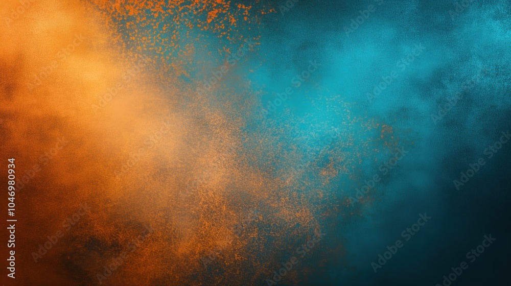 Poster Abstract background with contrasting orange and teal hues blended seamlessly, featuring a subtle dust texture overlay. The design includes soft gradations and textured layers, creating depth and warmt