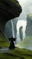 A solitary figure standing on moss-covered cliffs, arms outstretched, facing a towering waterfall between two massive rock formations, exuding a sense of mysticism - AI Generated Digital Art