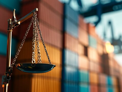 Balance scale against a backdrop of colorful shipping containers