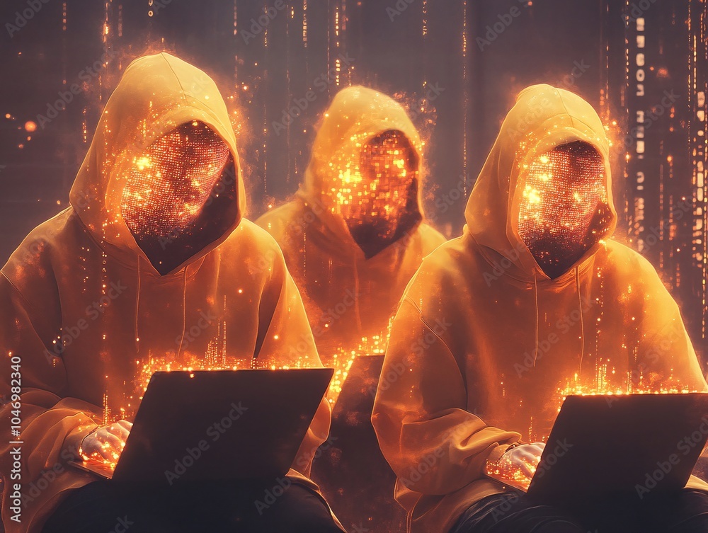 Poster three figures in hoodies, illuminated by digital sparks, working on laptops amidst a matrix of binar