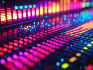 Fototapeta premium a vibrant abstract background with a pulsating equalizer effect, illuminated by neon lights in vivid hues, creating a dynamic visual rhythm that captivates the viewer's senses