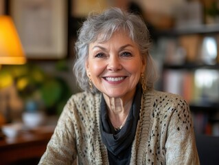 a warm portrait of a smiling senior woman in a cozy office setting, exuding professionalism and kindness, with soft lighting highlighting her features alongside a neatly arranged workspace