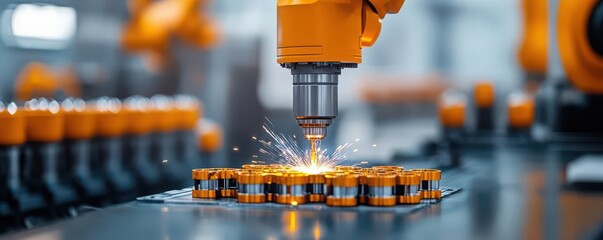 Closeup of assembly line components being welded and assembled by robotic systems, Production Process, robotics, industrial automation