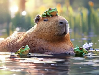 adorable capybara lounging in a serene lake, surrounded by playful frog companions, captured in a natural setting that conveys tranquility and the charm of wildlife