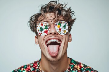 Obraz premium Playful young man with tongue out, face covered in Christmas stickers, on soft white background with pastel color lighting. Christmas