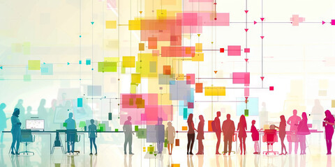 A family tree presented as an abstract arrangement of colored shapes and lines, representing individuals and their relationships, devoid of any desks or technology.