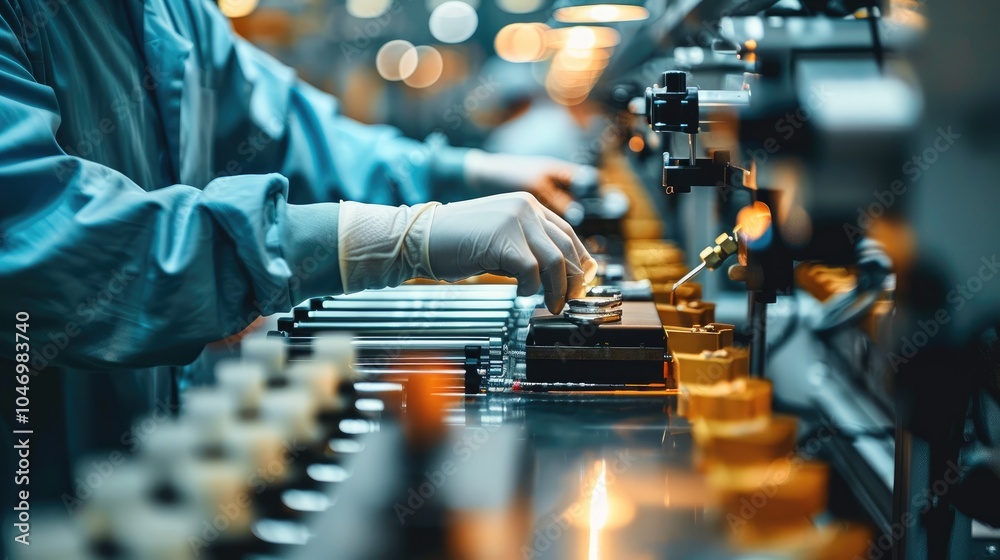 Poster An assembly line intersecting with a worker hands, representing craftsmanship and mass production.