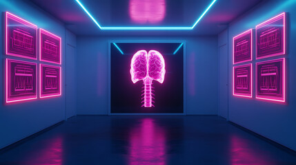 Obraz premium Neon light installation depicting human lungs in a modern gallery. Features vibrant pink and blue colors, creating a visually captivating atmosphere.