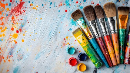 Fototapeta premium Colorful Paintbrushes and Paint Tubes on Flat Surface