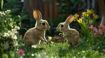 Obraz premium A pair of rabbits playfully chasing each other in a garden