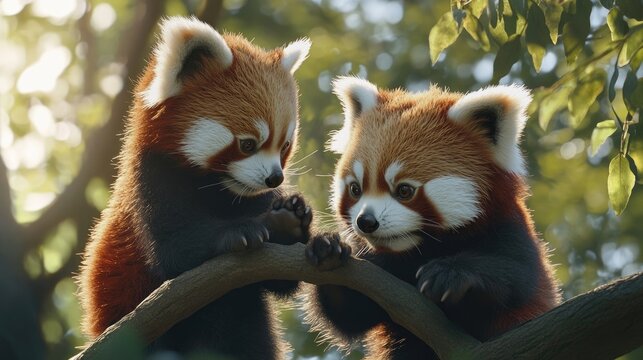 A pair of playful red pandas climbing on branches in their habitat
