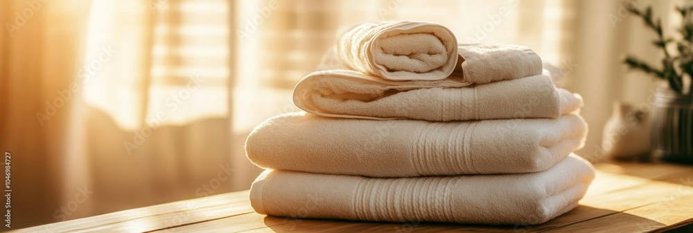 Poster freshly laundered towels rest in a cozy setting, illuminated by warm sunlight streaming through the 