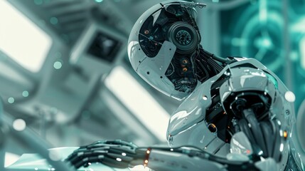 Futuristic robot analyzing data in a high-tech laboratory environment.