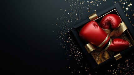 Boxing Day Banner With Boxing Gloves In Open Gift Box On Black Background, AI generated image