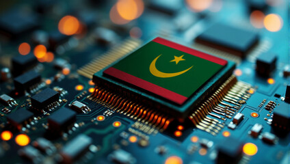 A Mauritania themed chip is embedded on a circuit board with illuminated pathways, highlighting innovation in electronics and cutting-edge hardware.