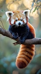 Obraz premium Curious Red Panda Perched on Branch in Lush Forest Habitat