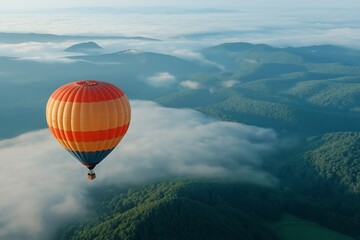Fototapeta premium Hot air balloon flight. Romantic date in the air. View of beautiful landscape with balloons from above. Sports competition on hot air balloons