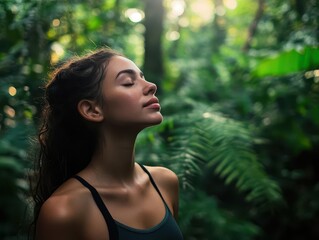Naklejka premium calm woman inhaling the fresh air of a lush green forest, her face relaxed and serene as she embraces nature, symbolizing peace, mindfulness, and the restorative powers of the natural world