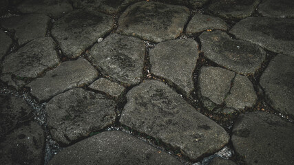 Roman road, road paved with granite stones, gray large stones, historical places, roads, roads of ancient Rome, urban landscapes, Italy