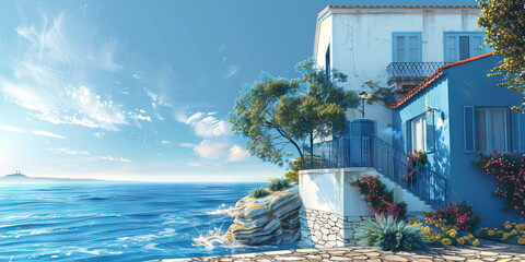 Fototapeta premium Mediterranean Mood: A seaside European villa, its walls painted in coastal blues and whites, invoking the calmness of the ocean.