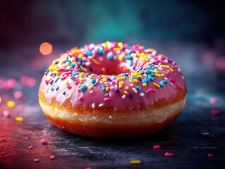 cinematic close-up of a glazed doughnut adorned with colorful toppings, presented against a dramatic backdrop, spotlight illuminating its sugary details to create a mouth-watering appeal