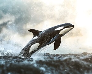 Obraz premium Majestic Orca Leaping Out of the Crashing Ocean Waves Symbolizing the Power and Freedom of the Sea s Top Predator