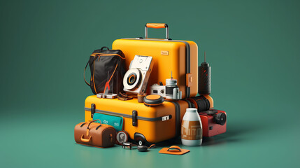 Fototapeta premium Suitcase on Wooden Table Embark on a journey through time and space with this vintage-inspired travel illustration, where iconic elements like suitcases, cameras, and books evoke a sense of timeless 