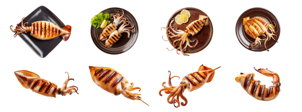 Grilled squid served on plates with lemon and herbs, various styles and angles, white isolated background.