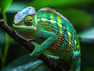 Fototapeta premium close-up of a vibrant green chameleon perched on a branch, every detail of its textured skin highlighted under soft natural light, showcasing its intricate patterns and colors