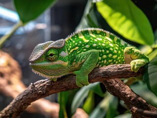 Obraz premium close-up of a vibrant green chameleon perched on a branch, every detail of its textured skin highlighted under soft natural light, showcasing its intricate patterns and colors