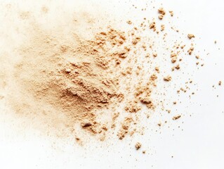 close-up of beige powder isolated on a white background, showcasing texture and color that can be utilized in a variety of culinary or cosmetic applications