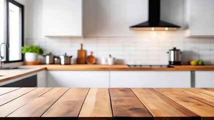 Fototapeta premium Empty wooden table top on a blurred white kitchen interior style Scandinavian background for product placement,design key visual layout or montage.