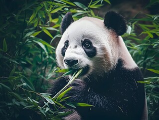 Fototapeta premium Panda Eating Bamboo in Lush Green Foliage Peaceful Wildlife Portrait
