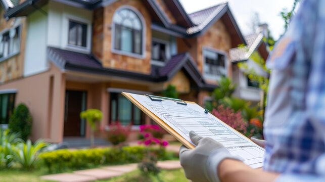 inspector or engineer is inspecting construction and quality assurance new house using a checklist. Engineers or architects or contactor work to build the house before handing, generate by AI