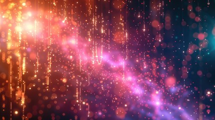 Obraz premium Abstract representation of artificial neural network, with interconnected nodes and flowing data streams in vibrant colors. Soft lighting, digital background featuring binary code and circuit pattern.